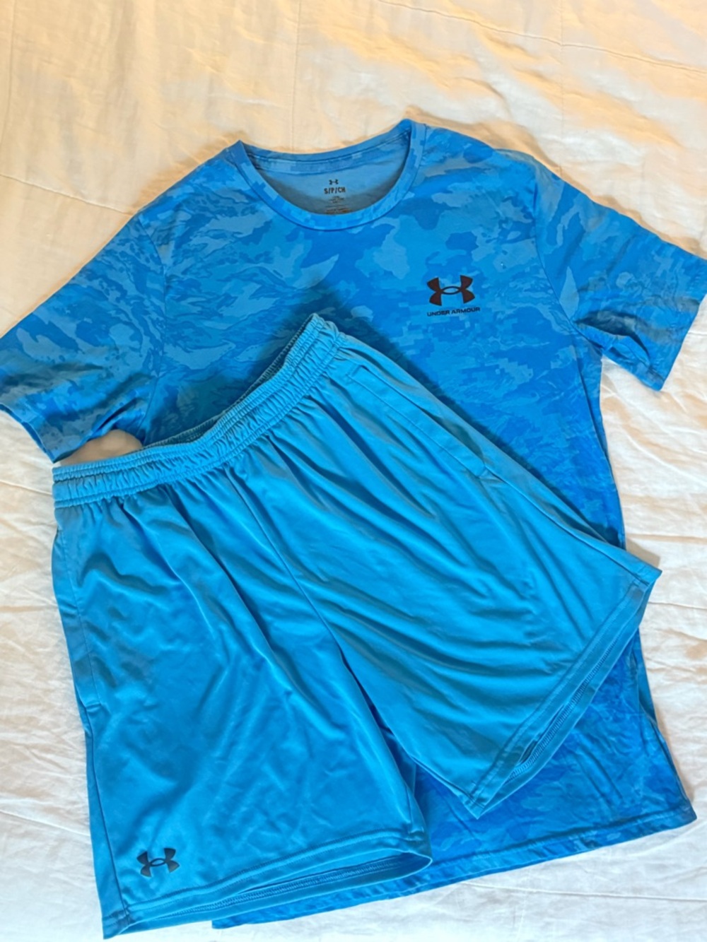 Under Armour Turquoise Blue Camo Performance Tee with Solid Blue Shorts